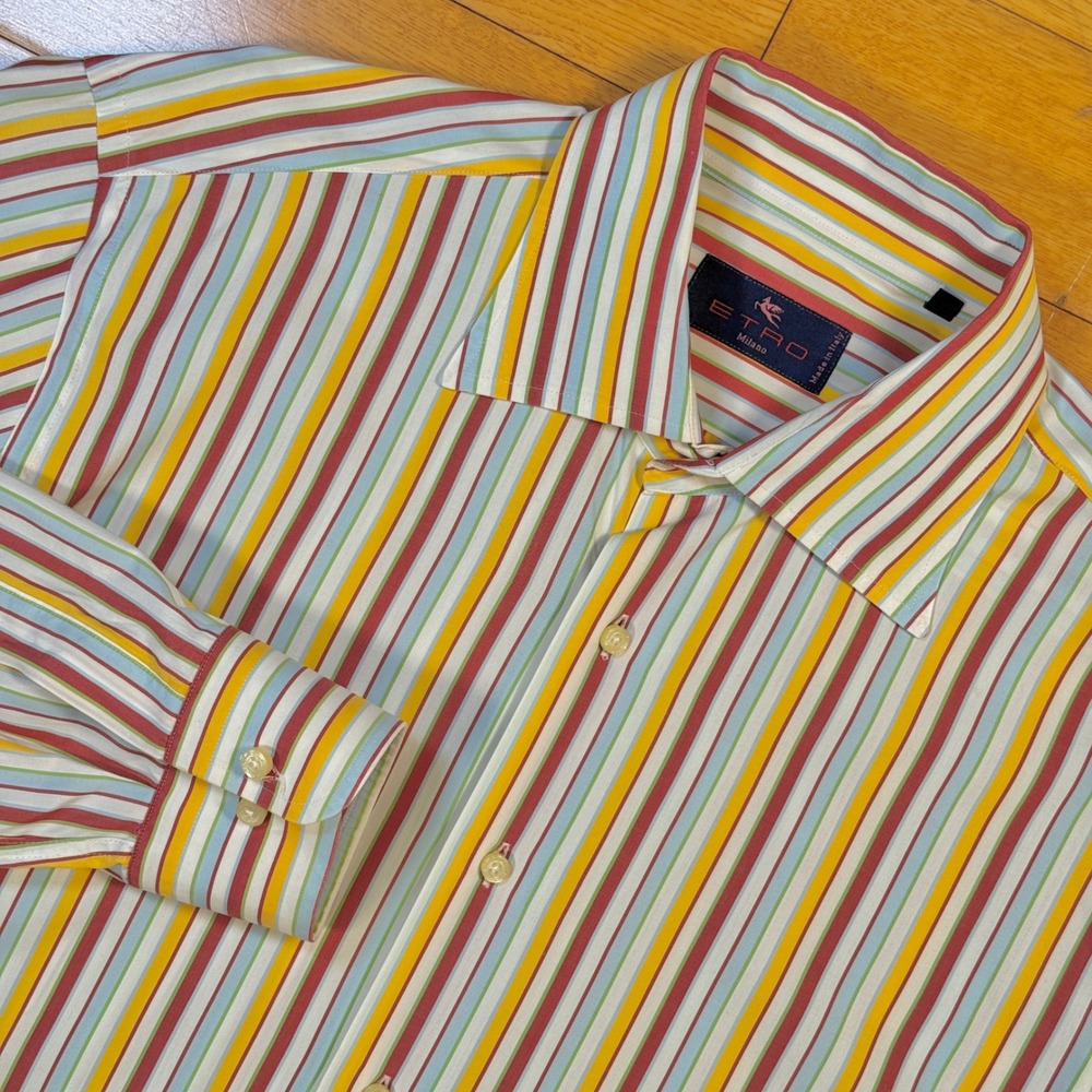 Etro Milano‎ Mens 43 Multi Color Striped Button Down Shirt Cotton Made in Italy